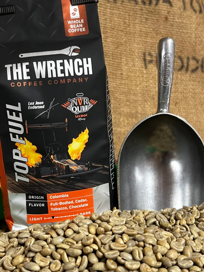 "Lex Joon Endorsed TOP FUEL" A full-bodied Colombian coffee with notes of cedar, tobacco, and chocolate, officially endorsed by Top Fuel racer Lex Joon. High-octane flavor for fans of speed and coffee alike.