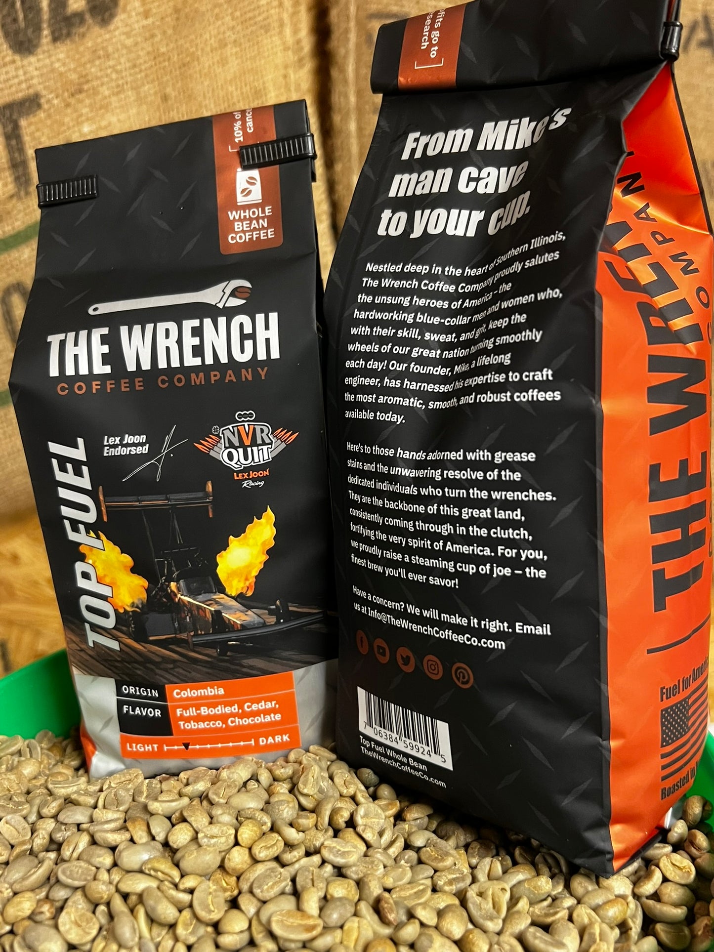 "Lex Joon Endorsed TOP FUEL" A full-bodied Colombian coffee with notes of cedar, tobacco, and chocolate, officially endorsed by Top Fuel racer Lex Joon. High-octane flavor for fans of speed and coffee alike.