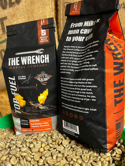 "Lex Joon Endorsed TOP FUEL" A full-bodied Colombian coffee with notes of cedar, tobacco, and chocolate, officially endorsed by Top Fuel racer Lex Joon. High-octane flavor for fans of speed and coffee alike.